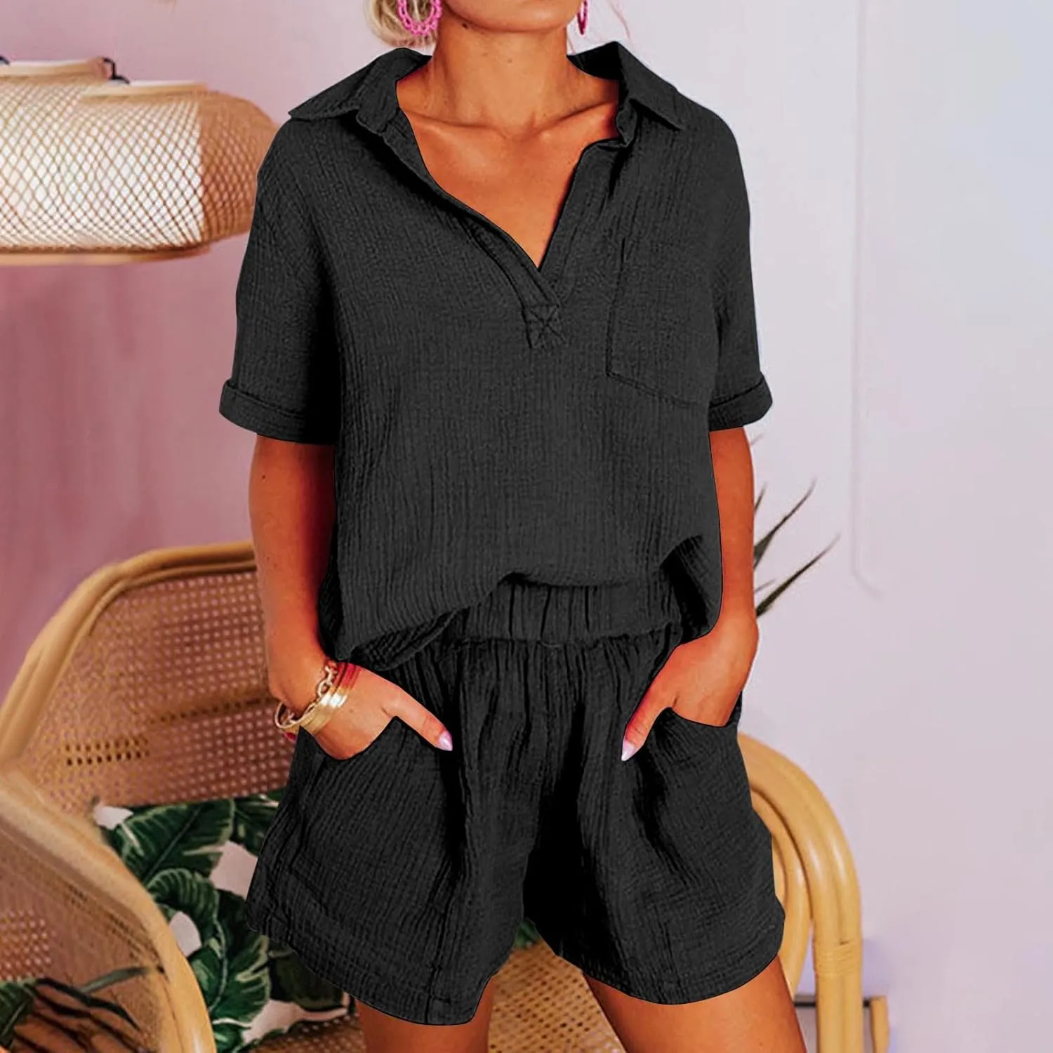 Short Sleeve Two Piece Linen Outfits for Women 2024 Summer Soft Lounge Tshirt Blouse Shorts Matching Set with Pockets