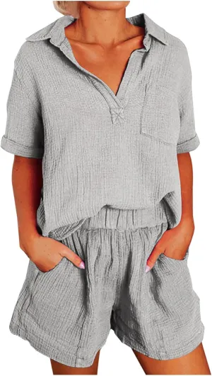 Short Sleeve Two Piece Linen Outfits for Women 2024 Summer Soft Lounge Tshirt Blouse Shorts Matching Set with Pockets