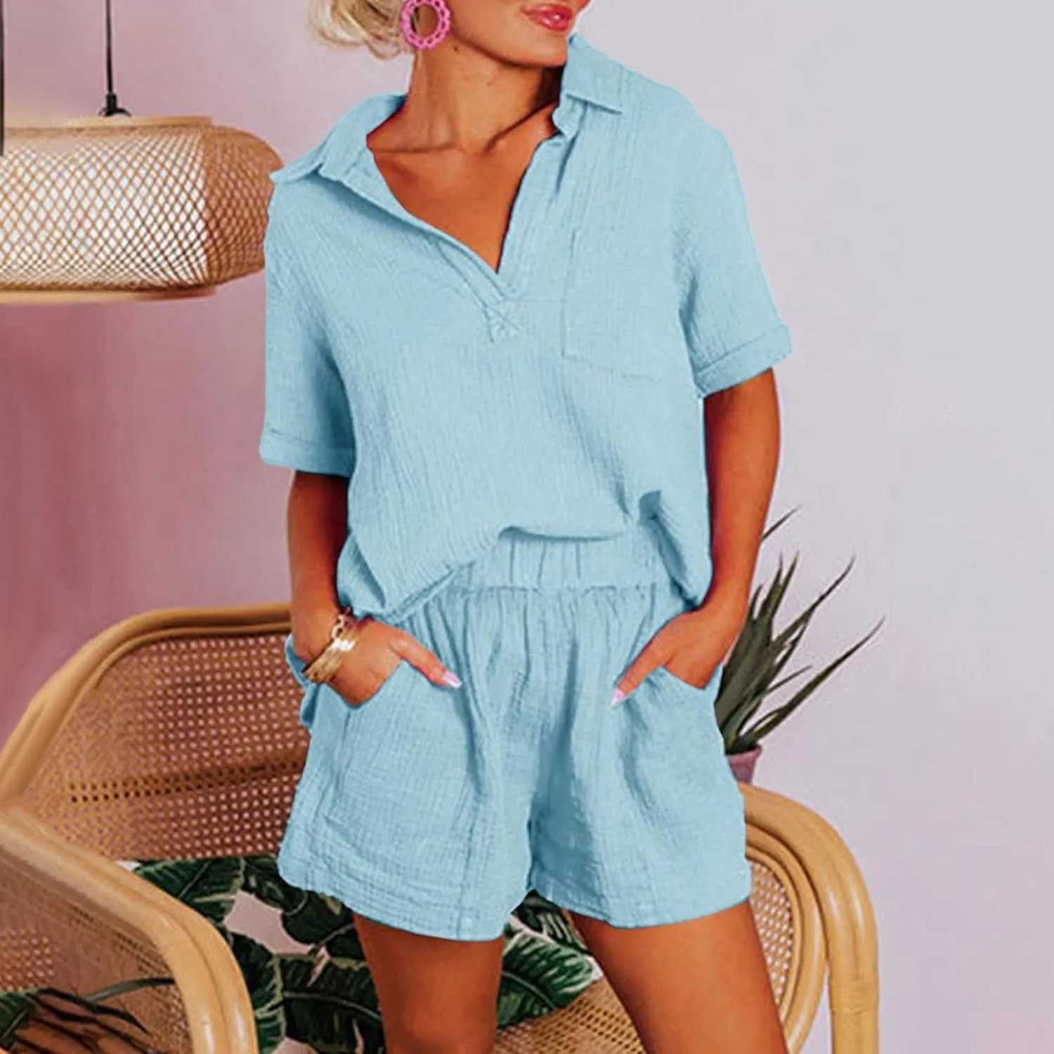 Short Sleeve Two Piece Linen Outfits for Women 2024 Summer Soft Lounge Tshirt Blouse Shorts Matching Set with Pockets
