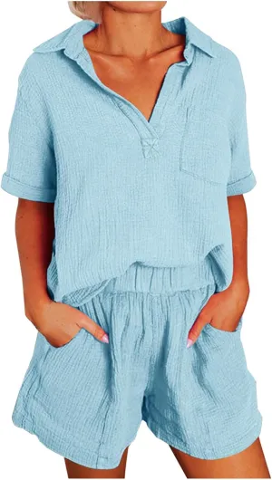 Short Sleeve Two Piece Linen Outfits for Women 2024 Summer Soft Lounge Tshirt Blouse Shorts Matching Set with Pockets