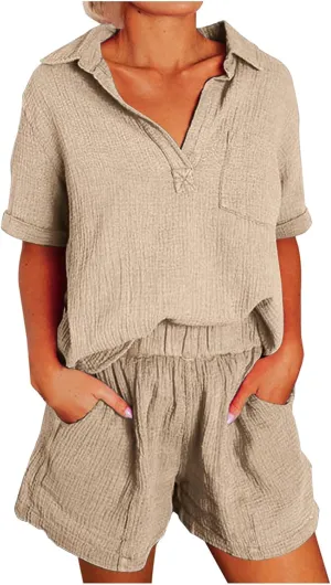 Short Sleeve Two Piece Linen Outfits for Women 2024 Summer Soft Lounge Tshirt Blouse Shorts Matching Set with Pockets