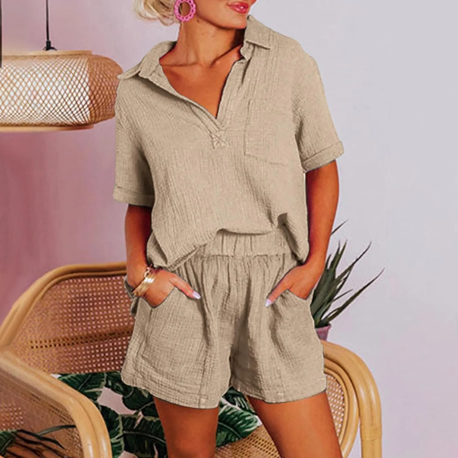 Short Sleeve Two Piece Linen Outfits for Women 2024 Summer Soft Lounge Tshirt Blouse Shorts Matching Set with Pockets