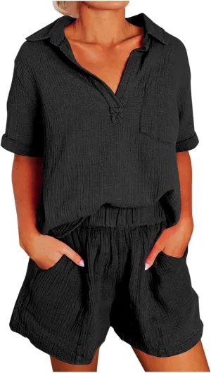 Short Sleeve Two Piece Linen Outfits for Women 2024 Summer Soft Lounge Tshirt Blouse Shorts Matching Set with Pockets