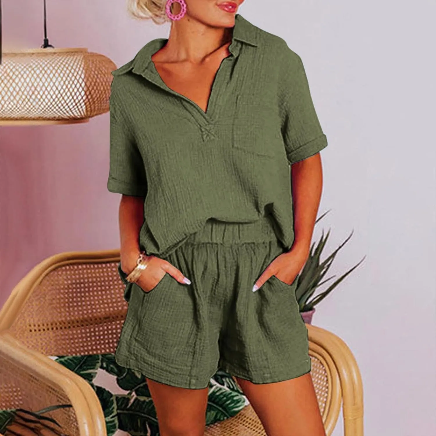 Short Sleeve Two Piece Linen Outfits for Women 2024 Summer Soft Lounge Tshirt Blouse Shorts Matching Set with Pockets