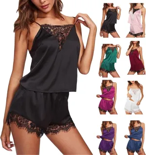 Silk Pajamas for Women Lace Satin Camisole Sleepwear Lingerie V-Neck Cami Top and Shorts Pjs Sexy Satin Pj Sets