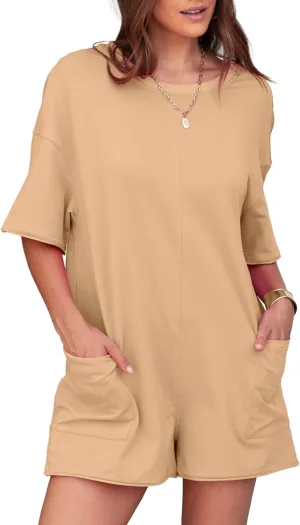 Simplee Summer Rompers for Women 2025 Reversible Backless Hot Shot Tee Romper Short Sleeve Maternity Romper With Pockets
