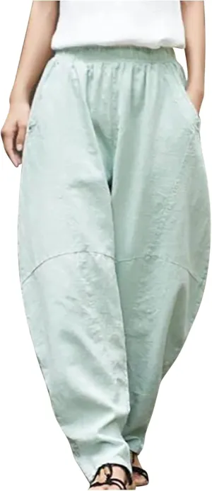 Summer Linen Harem Pants Womens Baggy Drop Crotch Boho Wide Leg Lantern Trousers Aladdin Bohemian Beach Yoga Pants