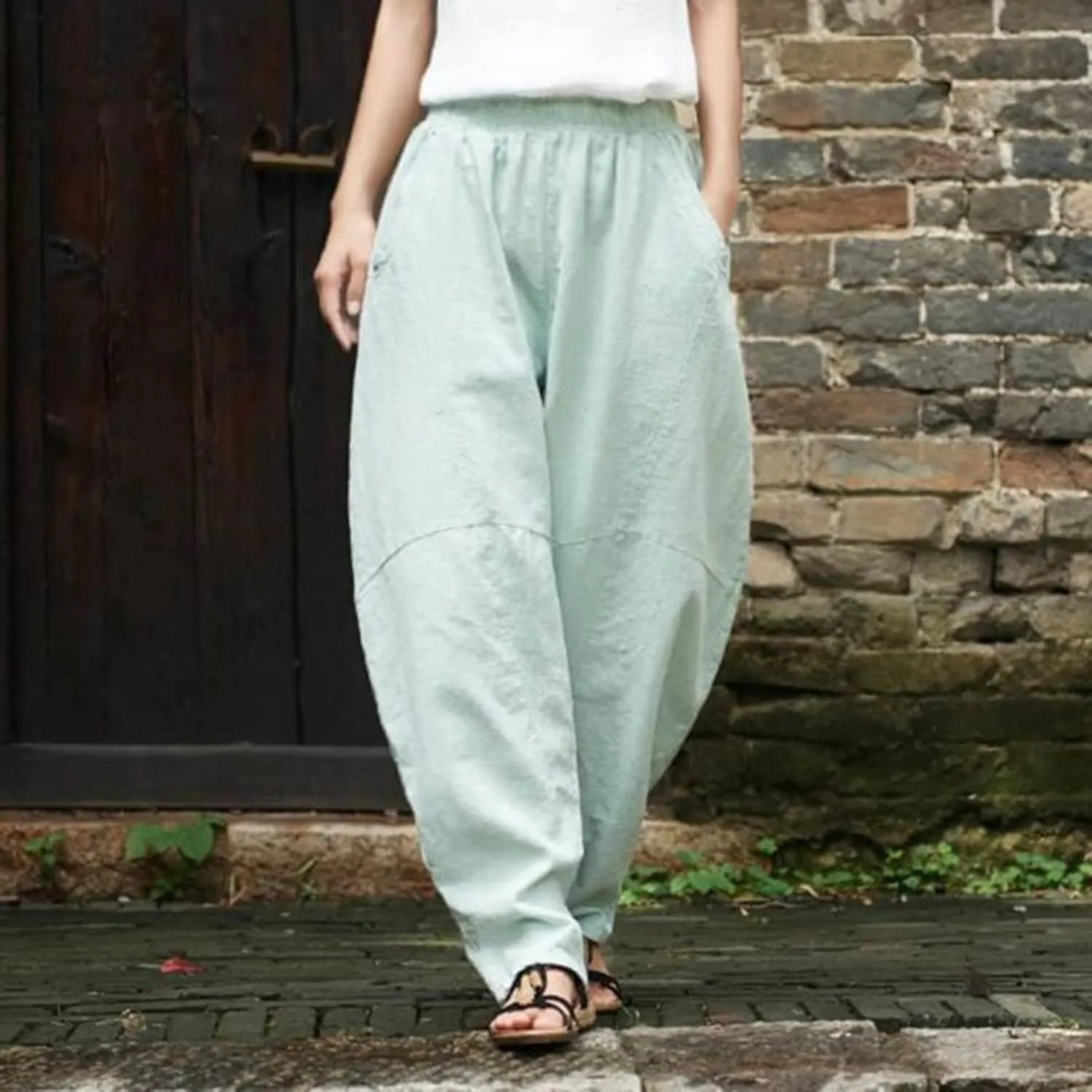 Summer Linen Harem Pants Womens Baggy Drop Crotch Boho Wide Leg Lantern Trousers Aladdin Bohemian Beach Yoga Pants