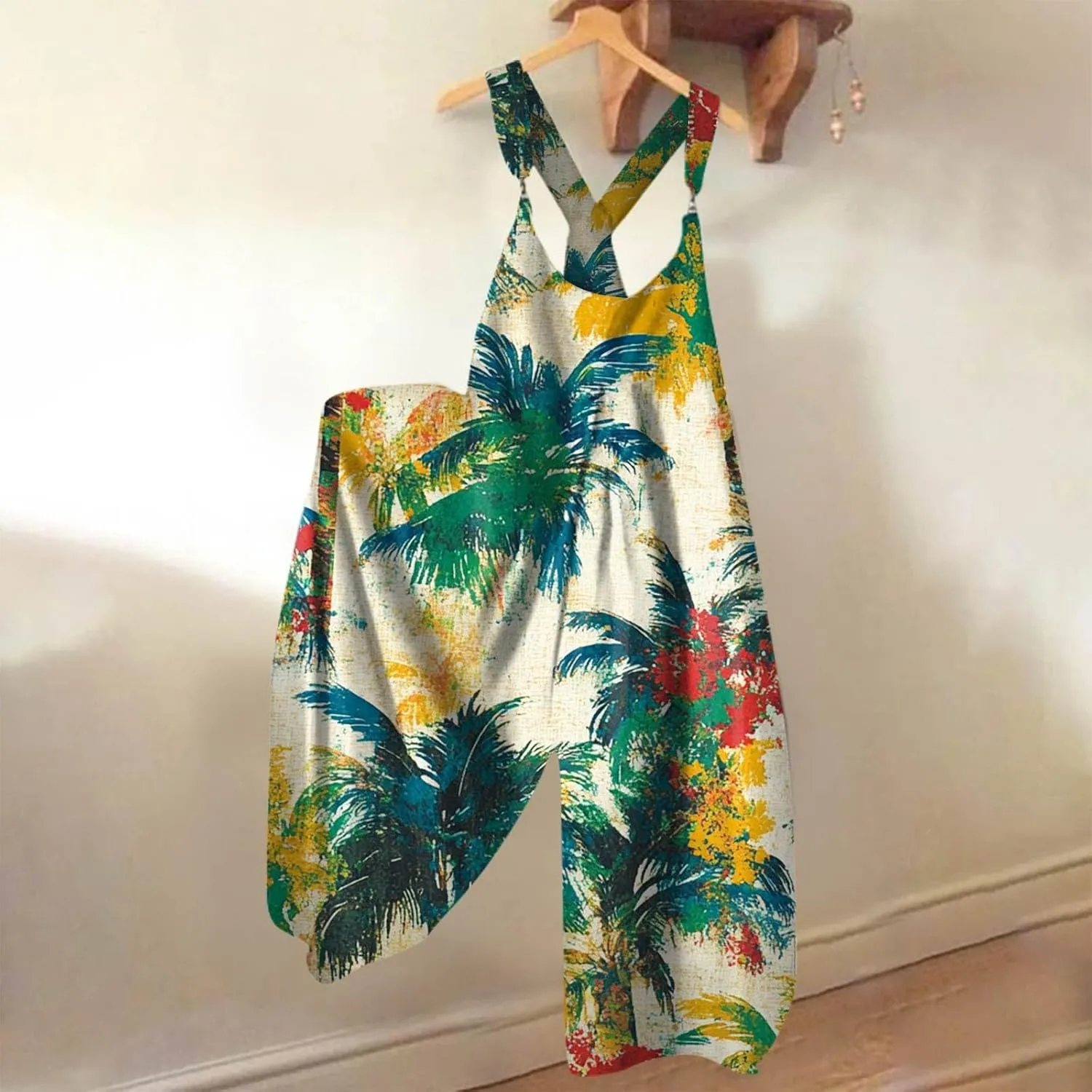 Summer Overalls for Women 2025 Wide Leg Baggy Jumpsuits Spaghetti Strap Boho Floral Printed Loose Fit Rompers