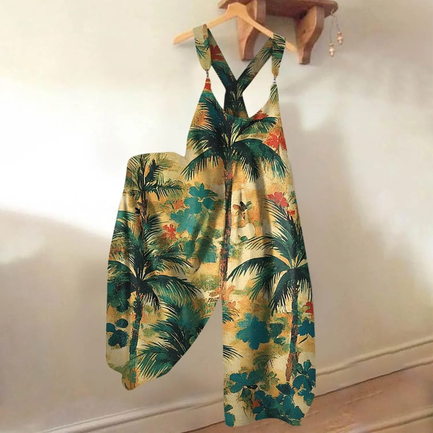 Summer Overalls for Women 2025 Wide Leg Baggy Jumpsuits Spaghetti Strap Boho Floral Printed Loose Fit Rompers
