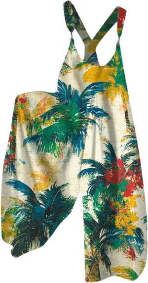 Summer Overalls for Women 2025 Wide Leg Baggy Jumpsuits Spaghetti Strap Boho Floral Printed Loose Fit Rompers
