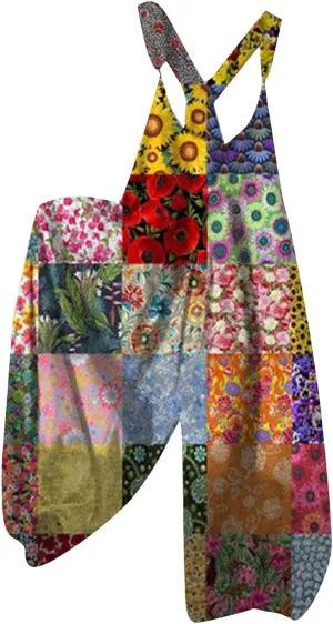 Summer Overalls for Women 2025 Wide Leg Baggy Jumpsuits Spaghetti Strap Boho Floral Printed Loose Fit Rompers