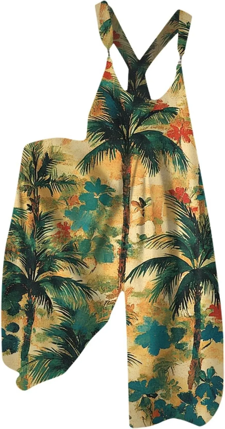 Summer Overalls for Women 2025 Wide Leg Baggy Jumpsuits Spaghetti Strap Boho Floral Printed Loose Fit Rompers