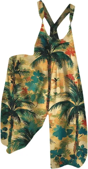 Summer Overalls for Women 2025 Wide Leg Baggy Jumpsuits Spaghetti Strap Boho Floral Printed Loose Fit Rompers