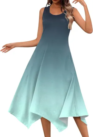 Sundresses for Women 2025 A-Line Sleeveless Tank Dress Handkerchief Hem Crewneck Boho Dress Casual Beach Dress