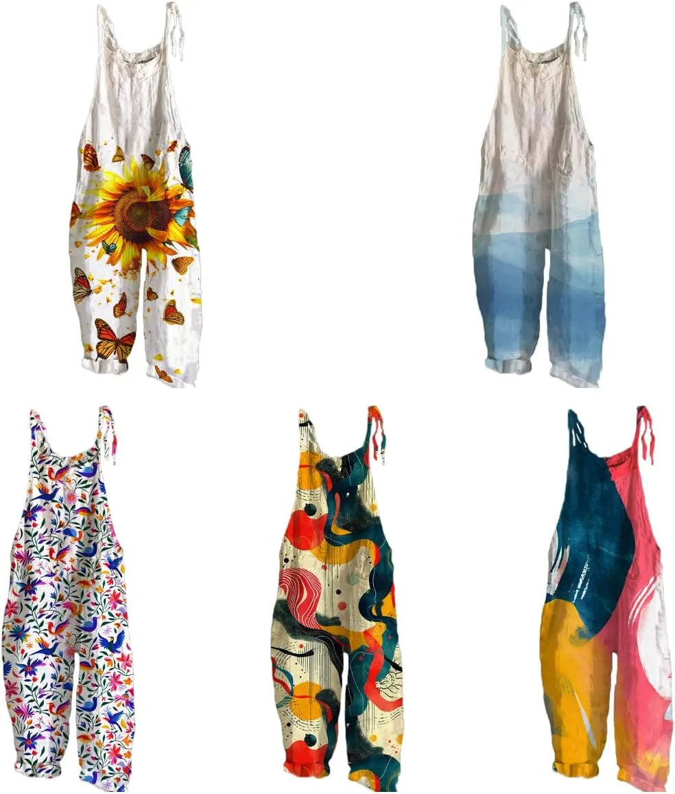 Sunflower Jumpsuits for Women Comfy Rompers Sleeveless Strappy Wide Leg Loose Vintage Overall Jumpsuits