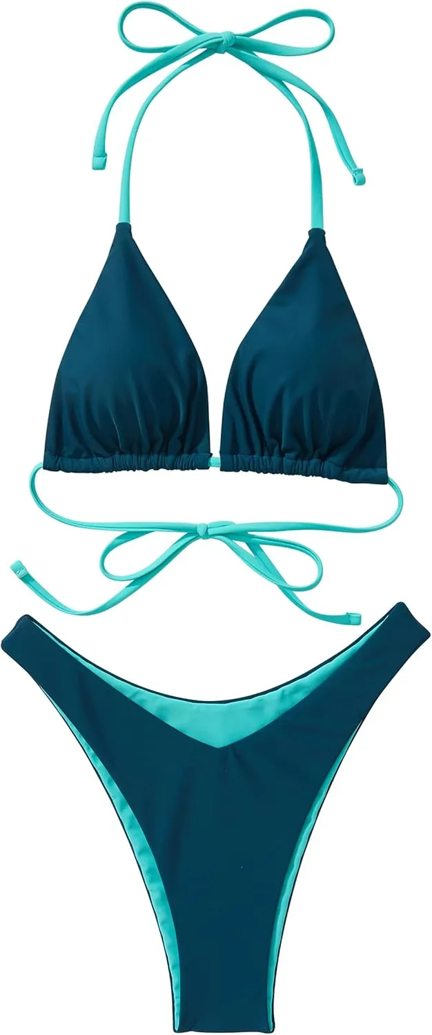 SUUKSESS Women Halter String Two Piece Bikini Sets Reversible Thong Swimsuit