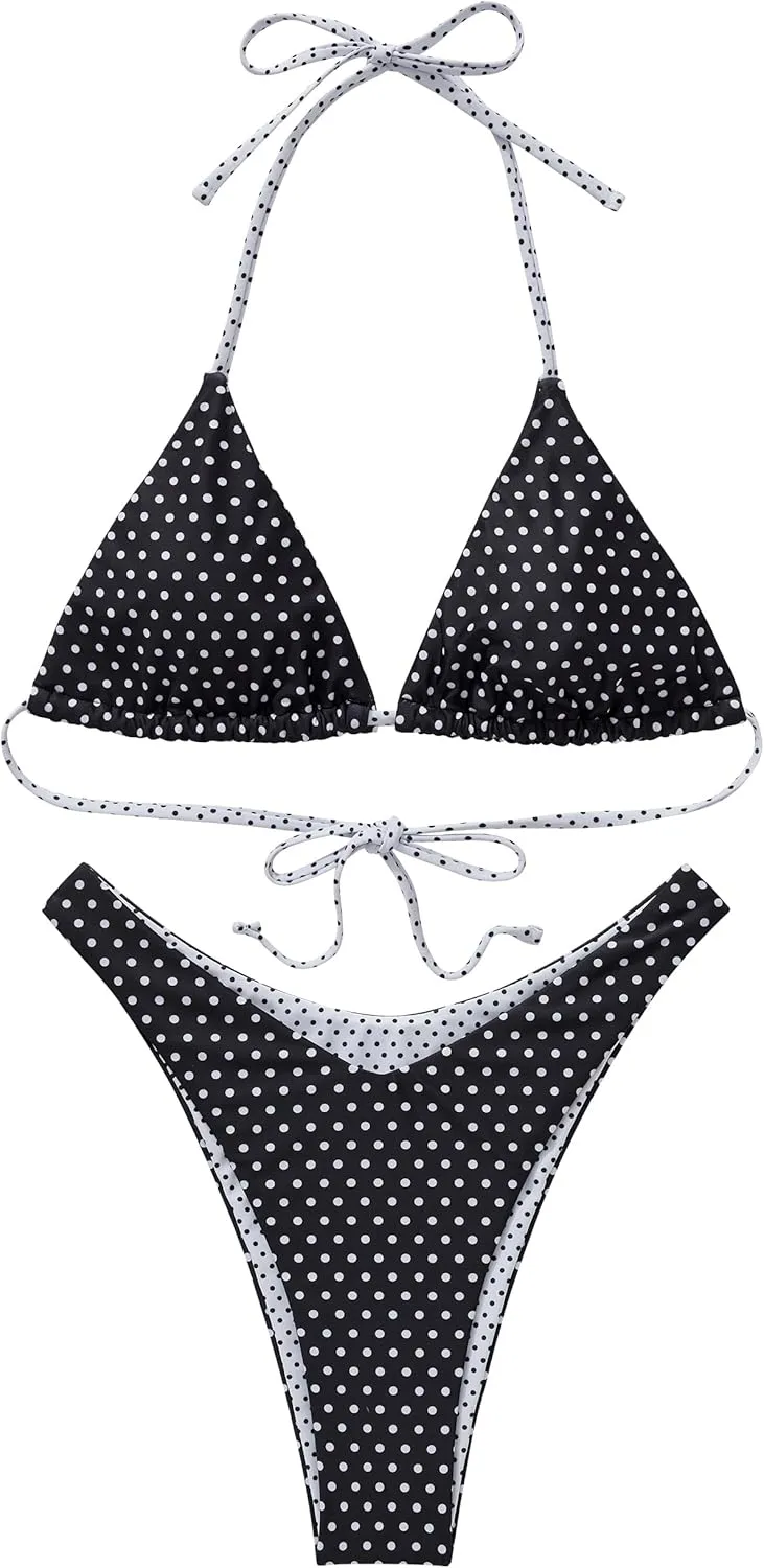SUUKSESS Women Halter String Two Piece Bikini Sets Reversible Thong Swimsuit