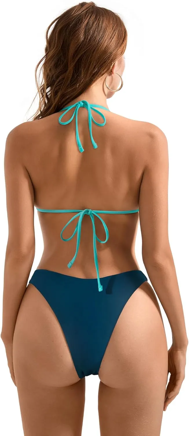 SUUKSESS Women Halter String Two Piece Bikini Sets Reversible Thong Swimsuit