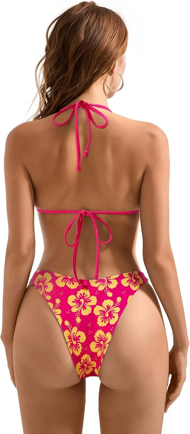 SUUKSESS Women Halter String Two Piece Bikini Sets Reversible Thong Swimsuit