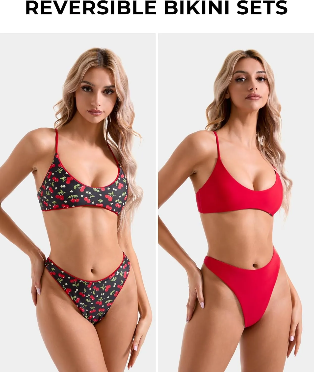 SUUKSESS Women High Waisted Thong Bikini Set Reversible String 2 Piece Swimsuit