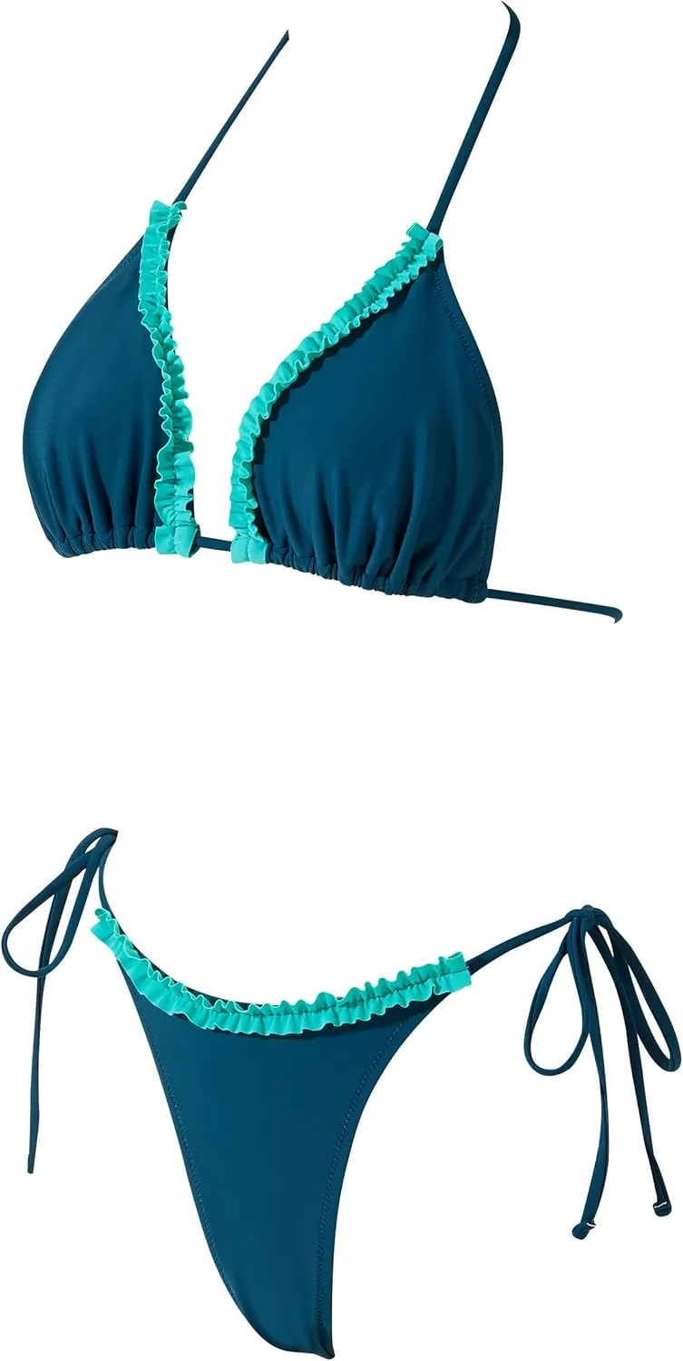 SUUKSESS Women Ruffle Thong Bikini Sets Halter String Triangle 2 Piece Swimsuit