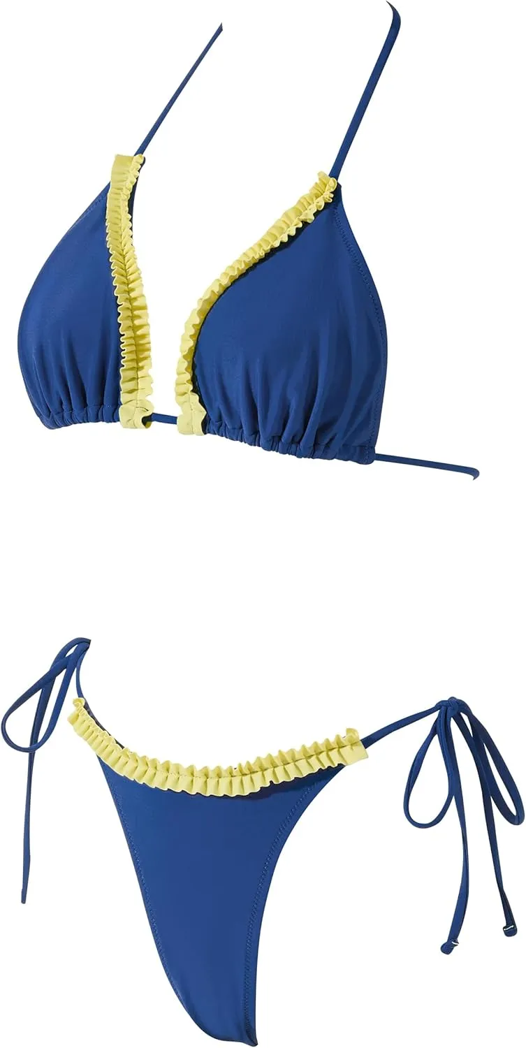 SUUKSESS Women Ruffle Thong Bikini Sets Halter String Triangle 2 Piece Swimsuit