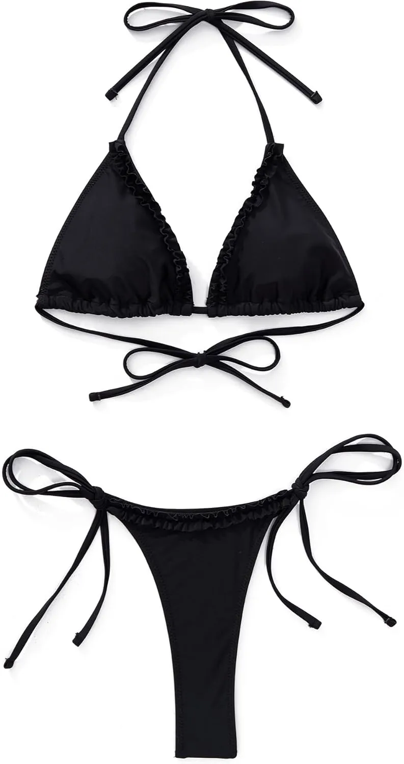 SUUKSESS Women Ruffle Thong Bikini Sets Halter String Triangle 2 Piece Swimsuit
