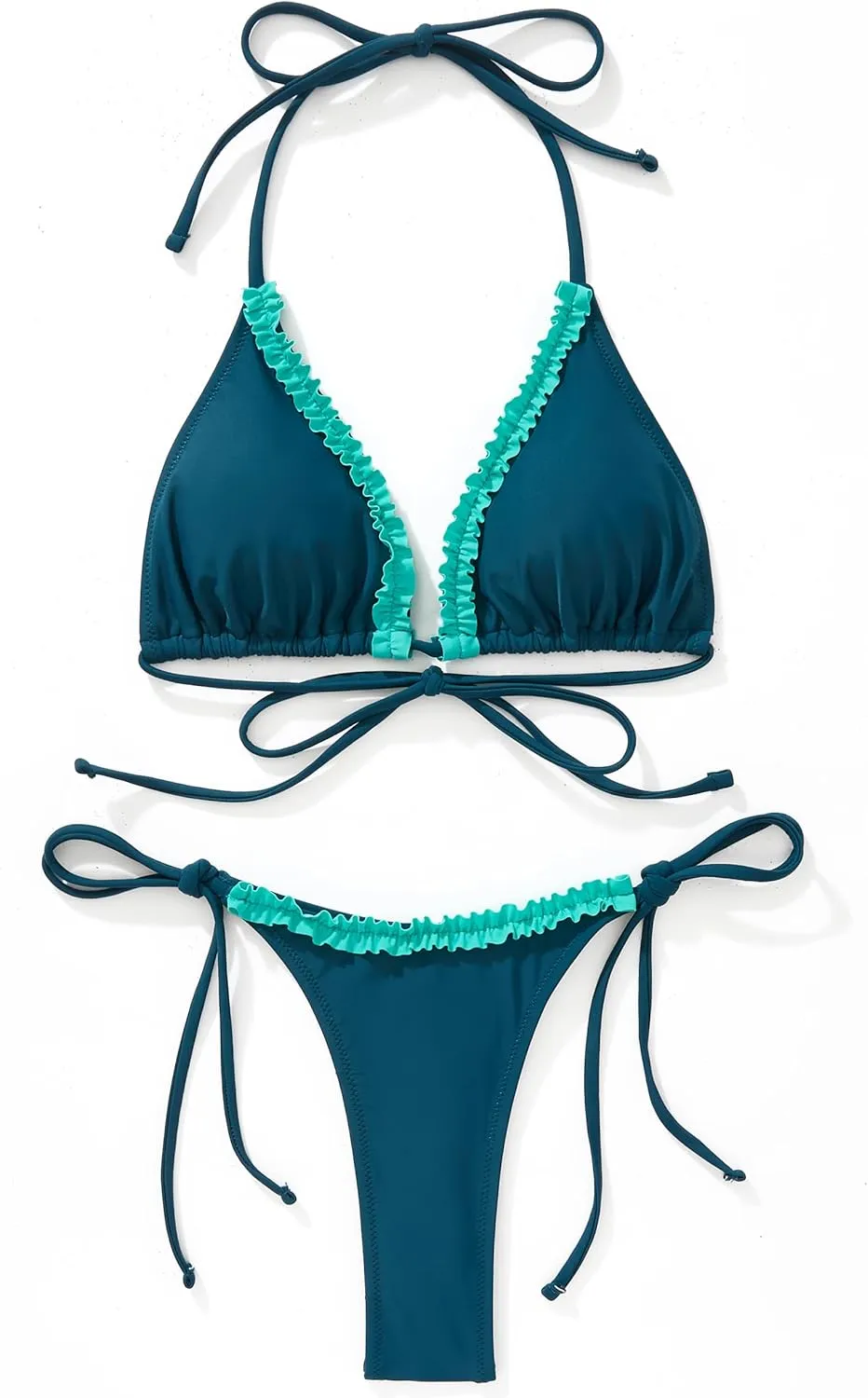 SUUKSESS Women Ruffle Thong Bikini Sets Halter String Triangle 2 Piece Swimsuit