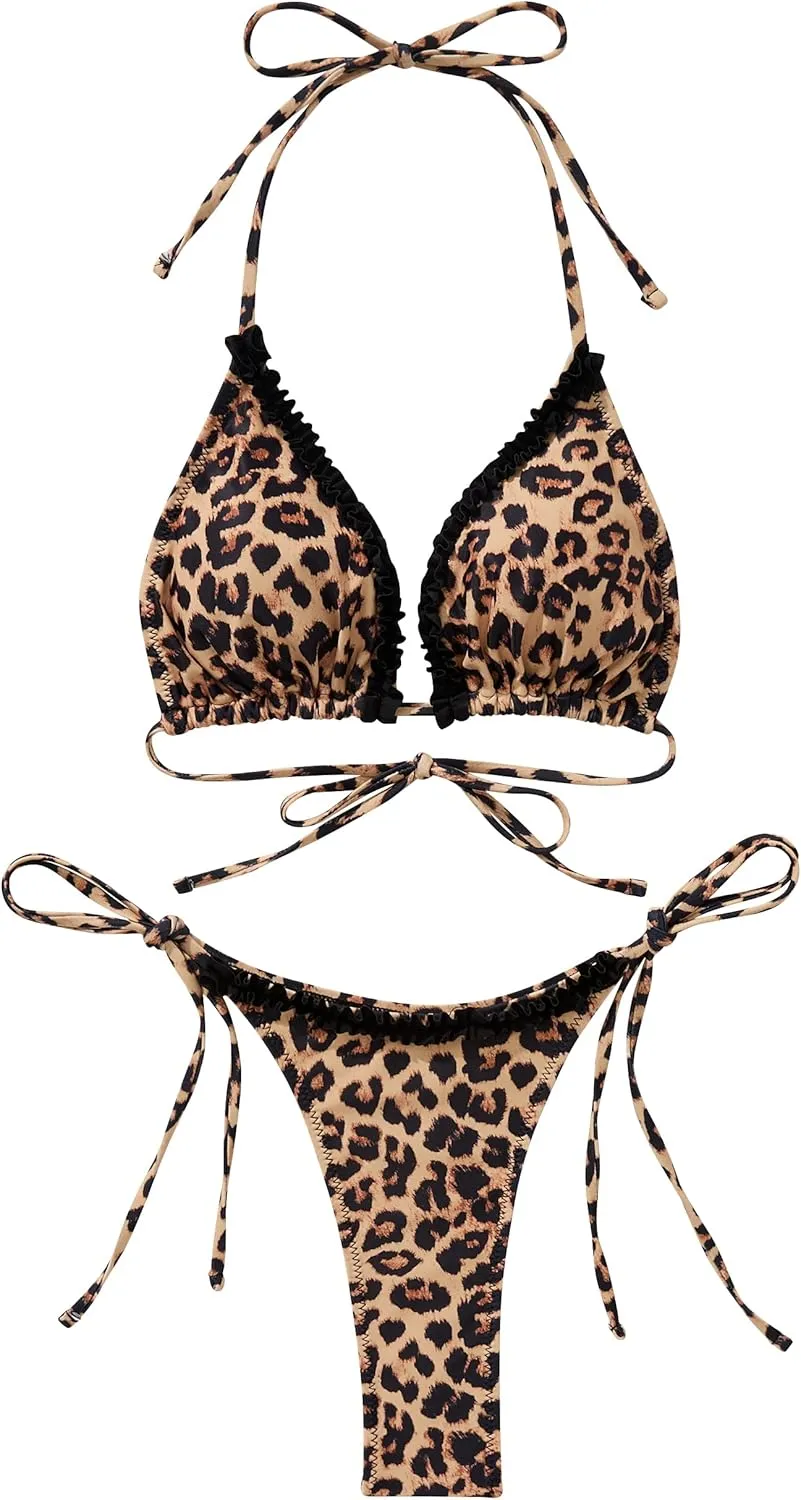 SUUKSESS Women Ruffle Thong Bikini Sets Halter String Triangle 2 Piece Swimsuit