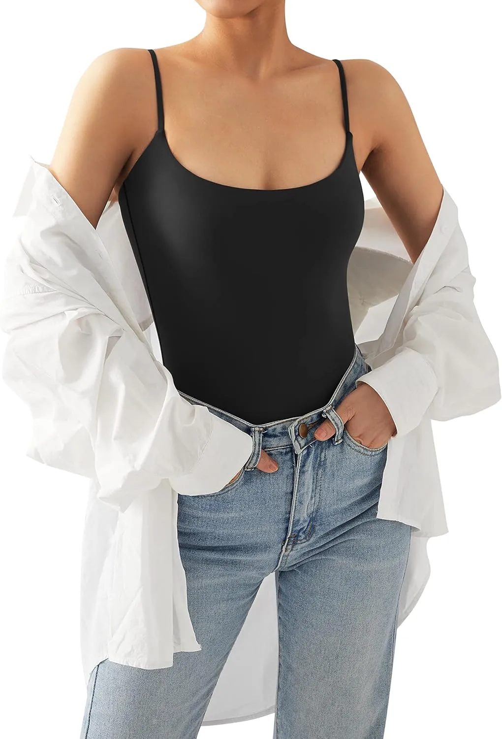 SUUKSESS Women Sexy Square Neck Thong Bodysuit Backless Cami Bodysuit Top
