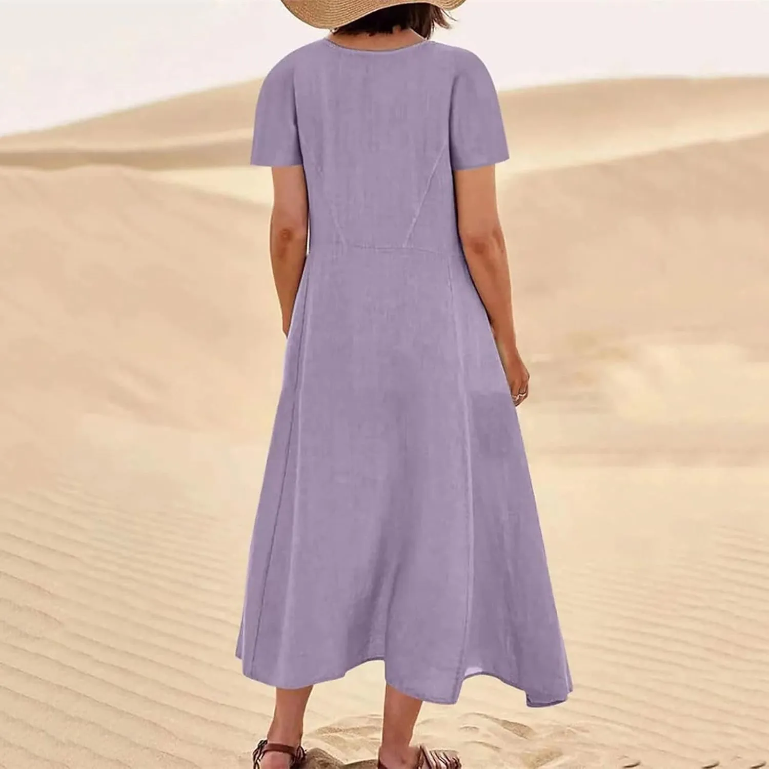 Swing Dresses for Women 2024 Summer Casual Short Sleeve Cotton Linen Dress Loose Ruffle Flowy Maxi Dress with Pockets