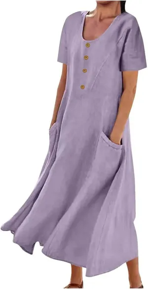Swing Dresses for Women 2024 Summer Casual Short Sleeve Cotton Linen Dress Loose Ruffle Flowy Maxi Dress with Pockets