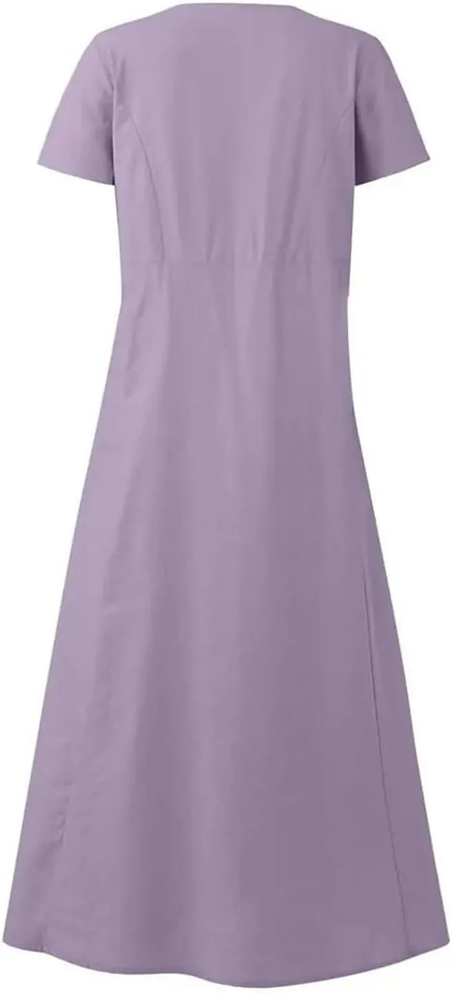 Swing Dresses for Women 2024 Summer Casual Short Sleeve Cotton Linen Dress Loose Ruffle Flowy Maxi Dress with Pockets