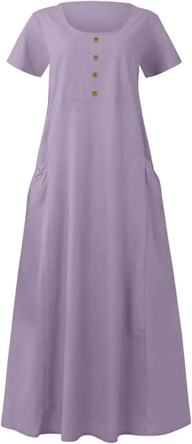 Swing Dresses for Women 2024 Summer Casual Short Sleeve Cotton Linen Dress Loose Ruffle Flowy Maxi Dress with Pockets