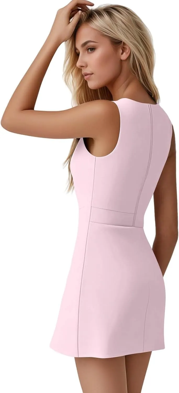 Tennis Dresses for Women with Shorts Athletic Side Slit Golf Dresses Sleeveless Crew Neck Mini Dress with Pockets