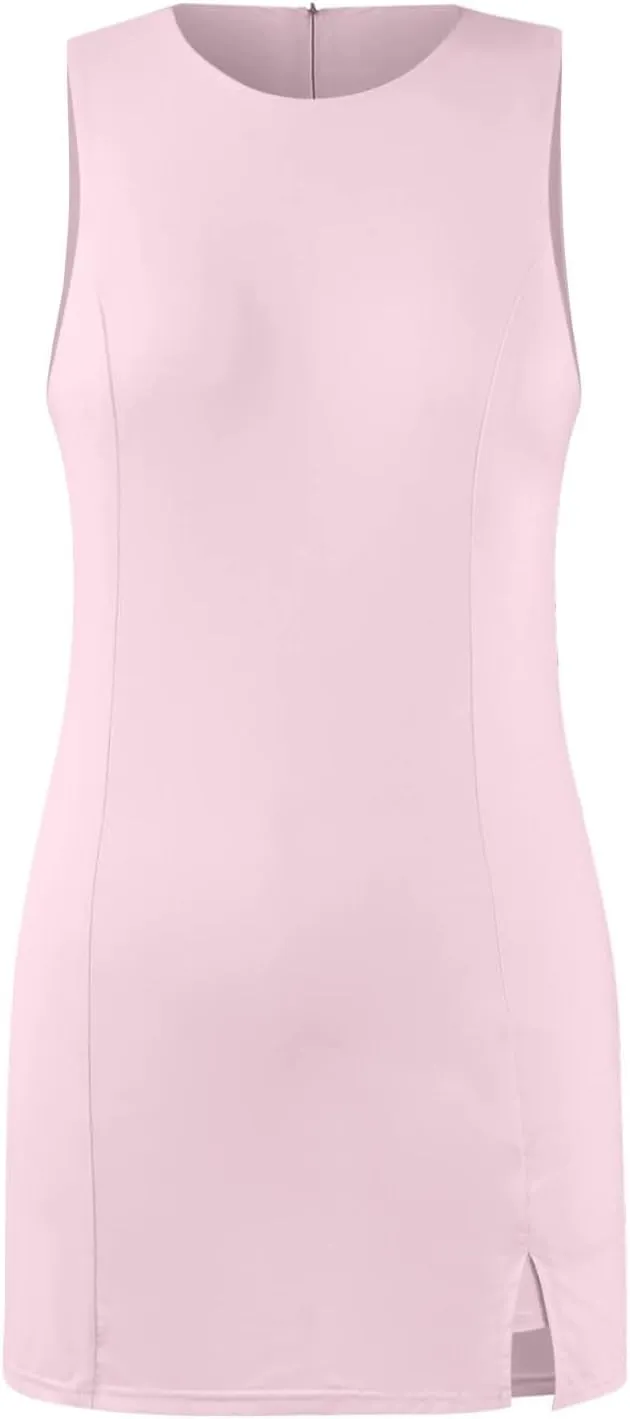 Tennis Dresses for Women with Shorts Athletic Side Slit Golf Dresses Sleeveless Crew Neck Mini Dress with Pockets