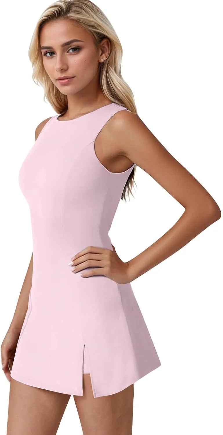Tennis Dresses for Women with Shorts Athletic Side Slit Golf Dresses Sleeveless Crew Neck Mini Dress with Pockets