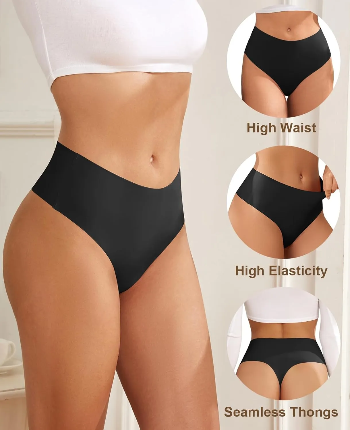 Thongs for Womens High Waisted Seamless for Women Underwear Sexy Breathable Panties 6 Pack