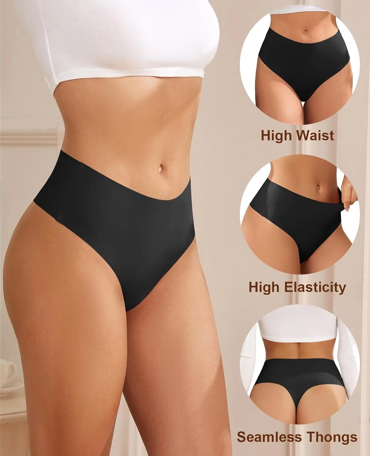 Thongs for Womens High Waisted Seamless for Women Underwear Sexy Breathable Panties 6 Pack