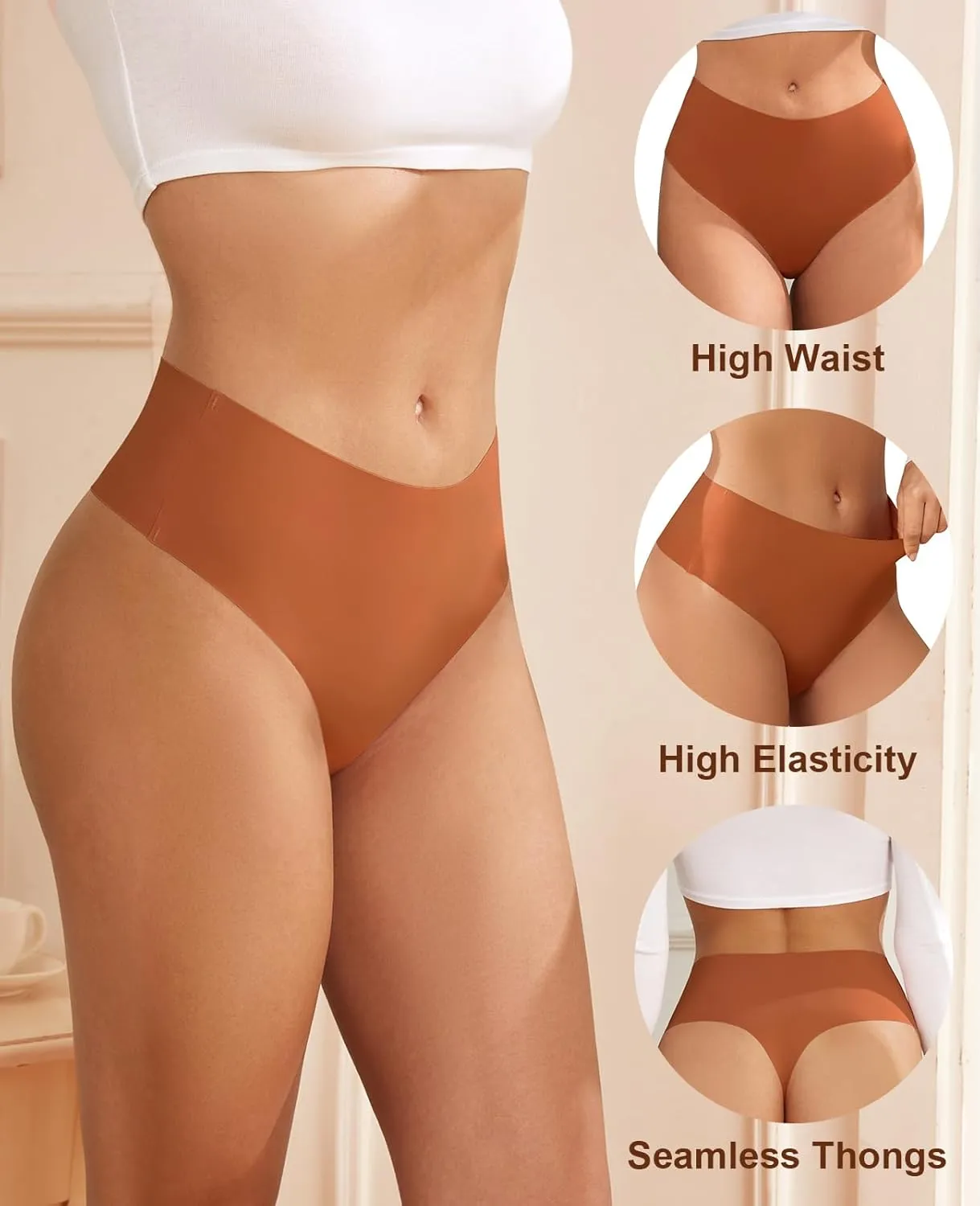 Thongs for Womens High Waisted Seamless for Women Underwear Sexy Breathable Panties 6 Pack