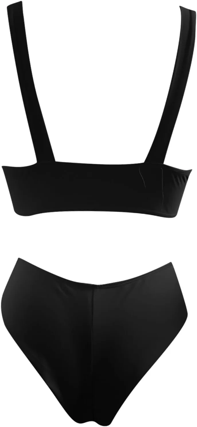 V Neck Bikini Set for Women Solid Color Knot Front Push Up High Waisted Thong Two Piece Swimsuit Bathing Suits