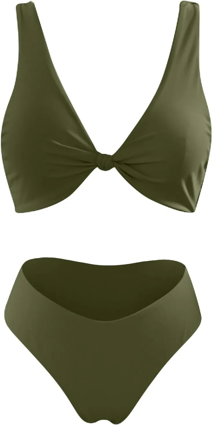 V Neck Bikini Set for Women Solid Color Knot Front Push Up High Waisted Thong Two Piece Swimsuit Bathing Suits