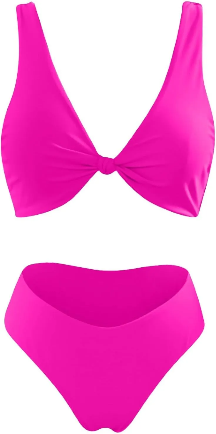 V Neck Bikini Set for Women Solid Color Knot Front Push Up High Waisted Thong Two Piece Swimsuit Bathing Suits