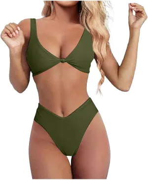 V Neck Bikini Set for Women Solid Color Knot Front Push Up High Waisted Thong Two Piece Swimsuit Bathing Suits
