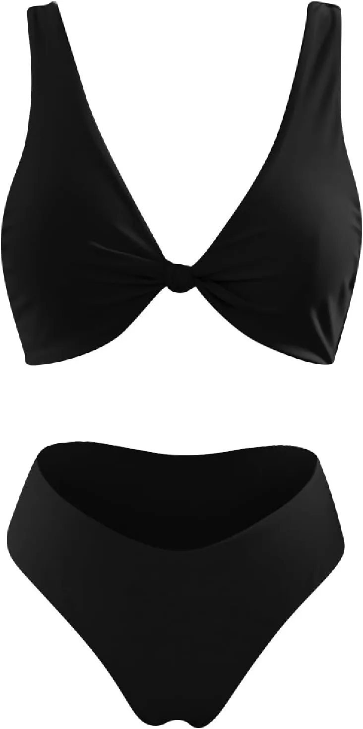 V Neck Bikini Set for Women Solid Color Knot Front Push Up High Waisted Thong Two Piece Swimsuit Bathing Suits