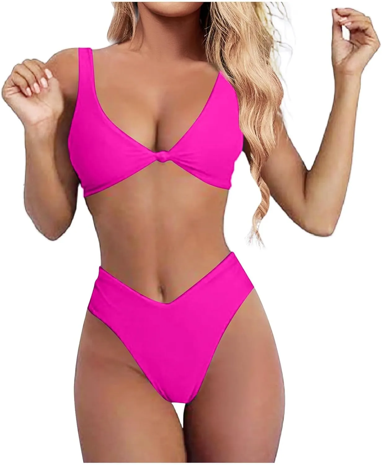 V Neck Bikini Set for Women Solid Color Knot Front Push Up High Waisted Thong Two Piece Swimsuit Bathing Suits