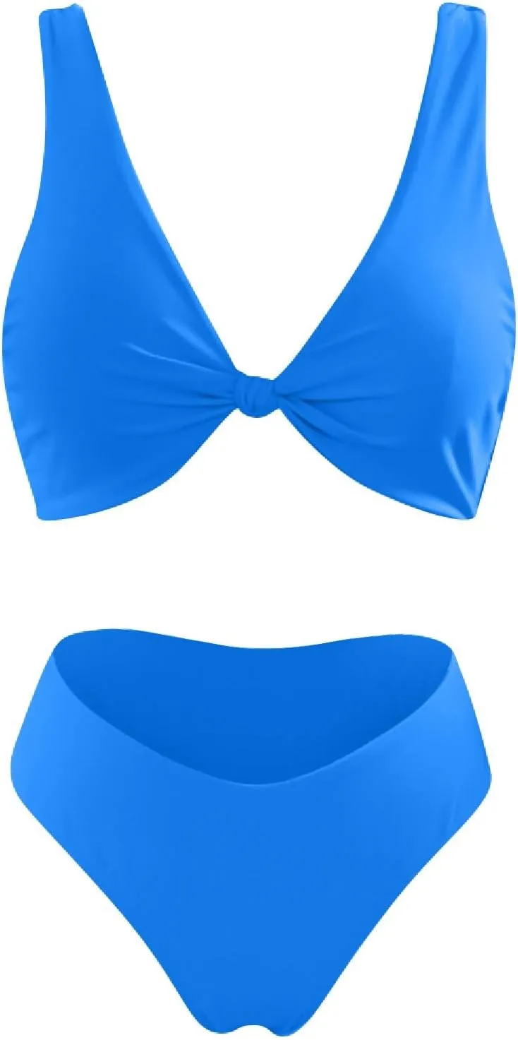 V Neck Bikini Set for Women Solid Color Knot Front Push Up High Waisted Thong Two Piece Swimsuit Bathing Suits