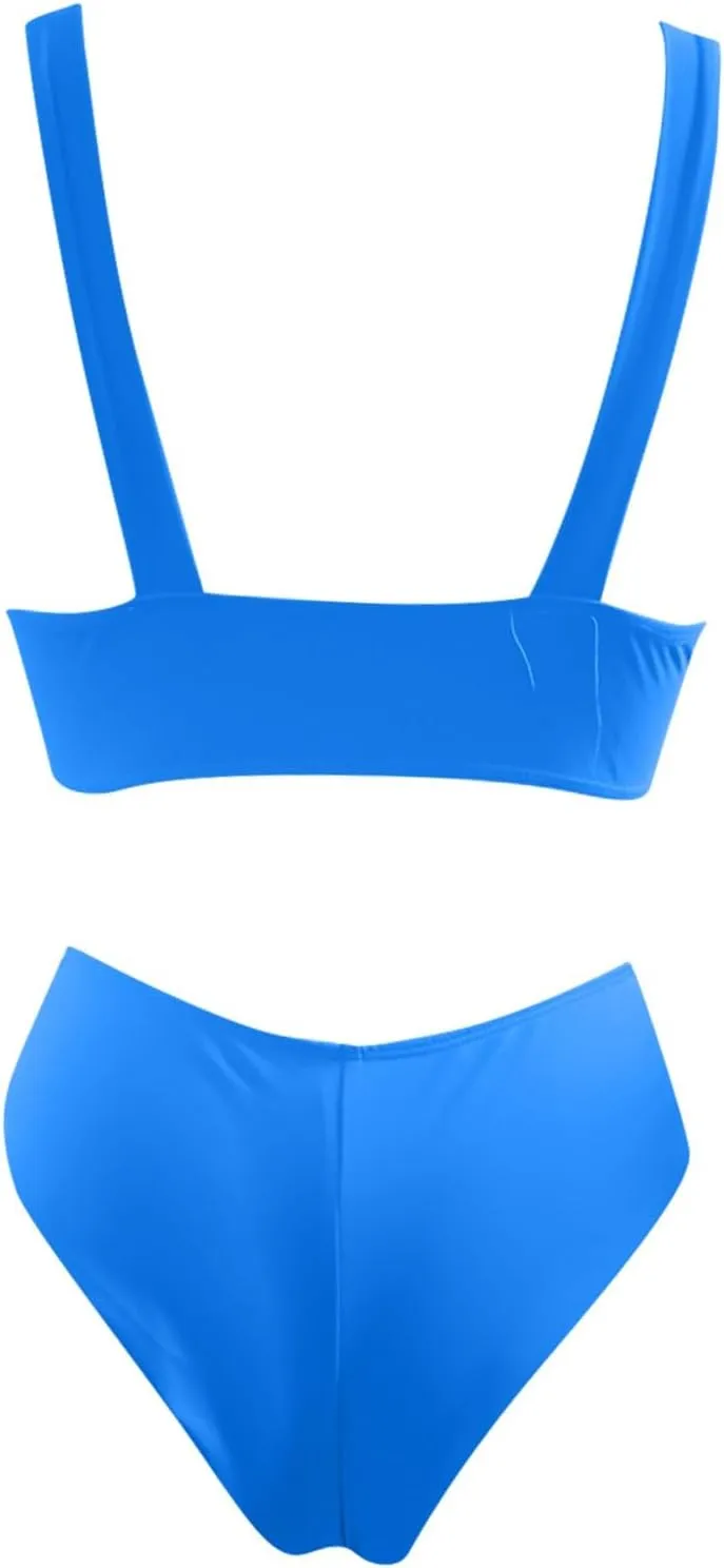 V Neck Bikini Set for Women Solid Color Knot Front Push Up High Waisted Thong Two Piece Swimsuit Bathing Suits