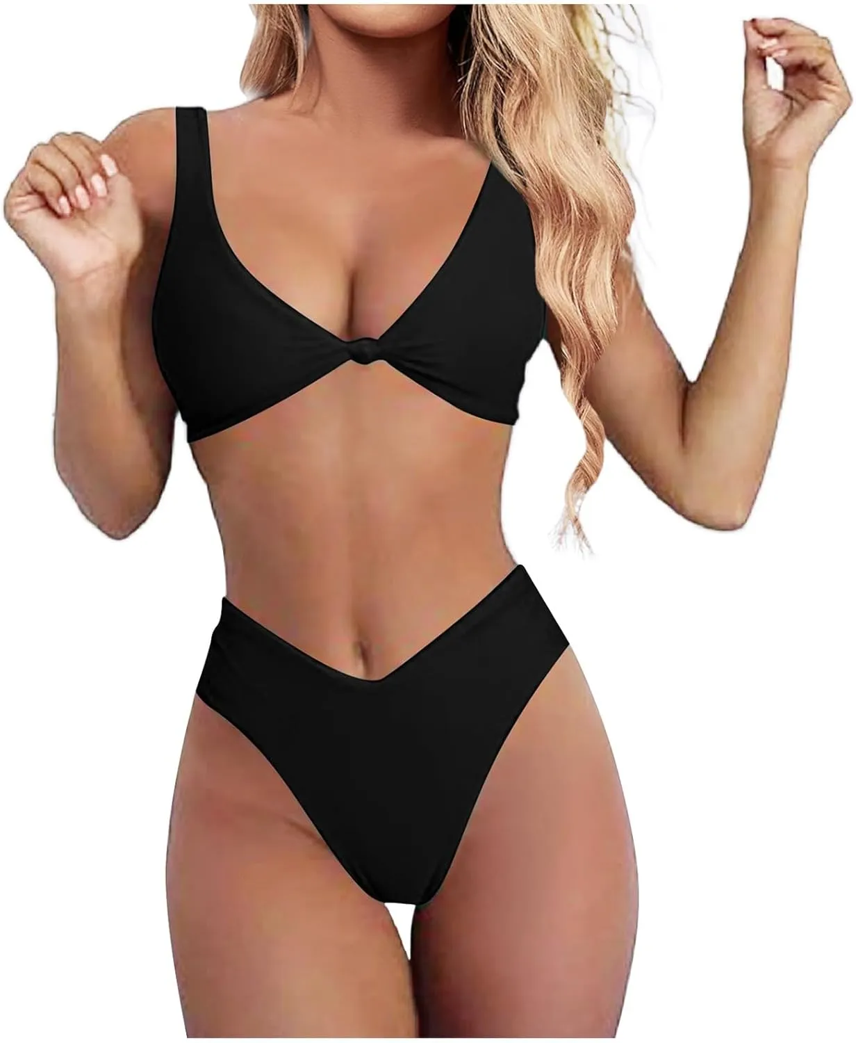 V Neck Bikini Set for Women Solid Color Knot Front Push Up High Waisted Thong Two Piece Swimsuit Bathing Suits